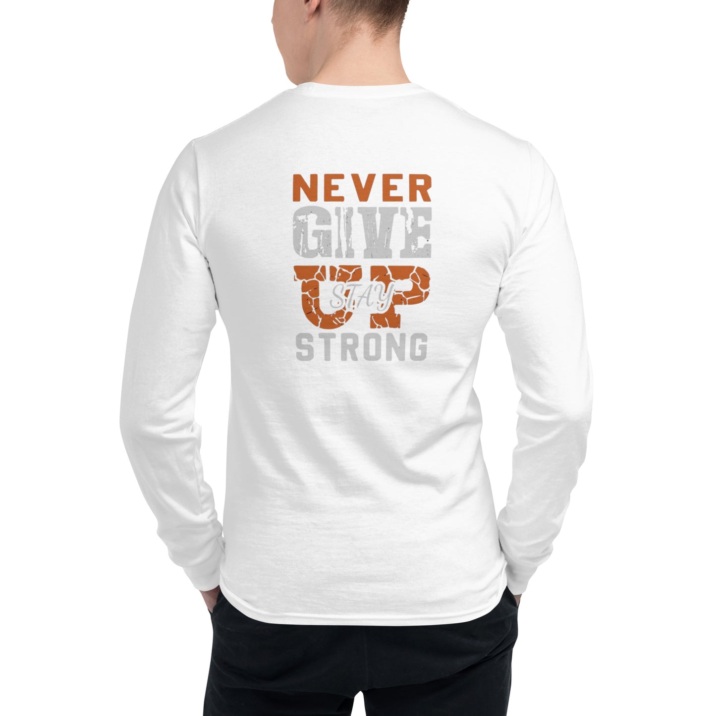 Men's Champion Long Sleeve Shirt Embroidery at the front and print at the back.