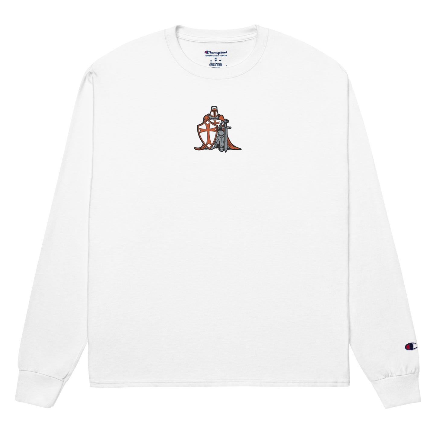 Men's Champion Long Sleeve Shirt Embroidery at the front and print at the back.