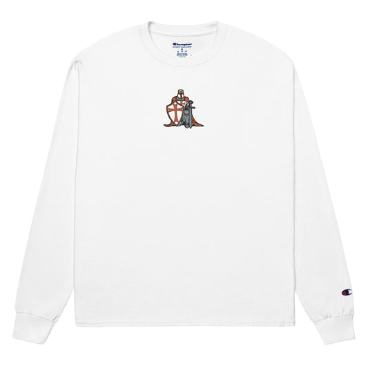 Men's Champion Long Sleeve Shirt Embroidery at the front and print at the back.