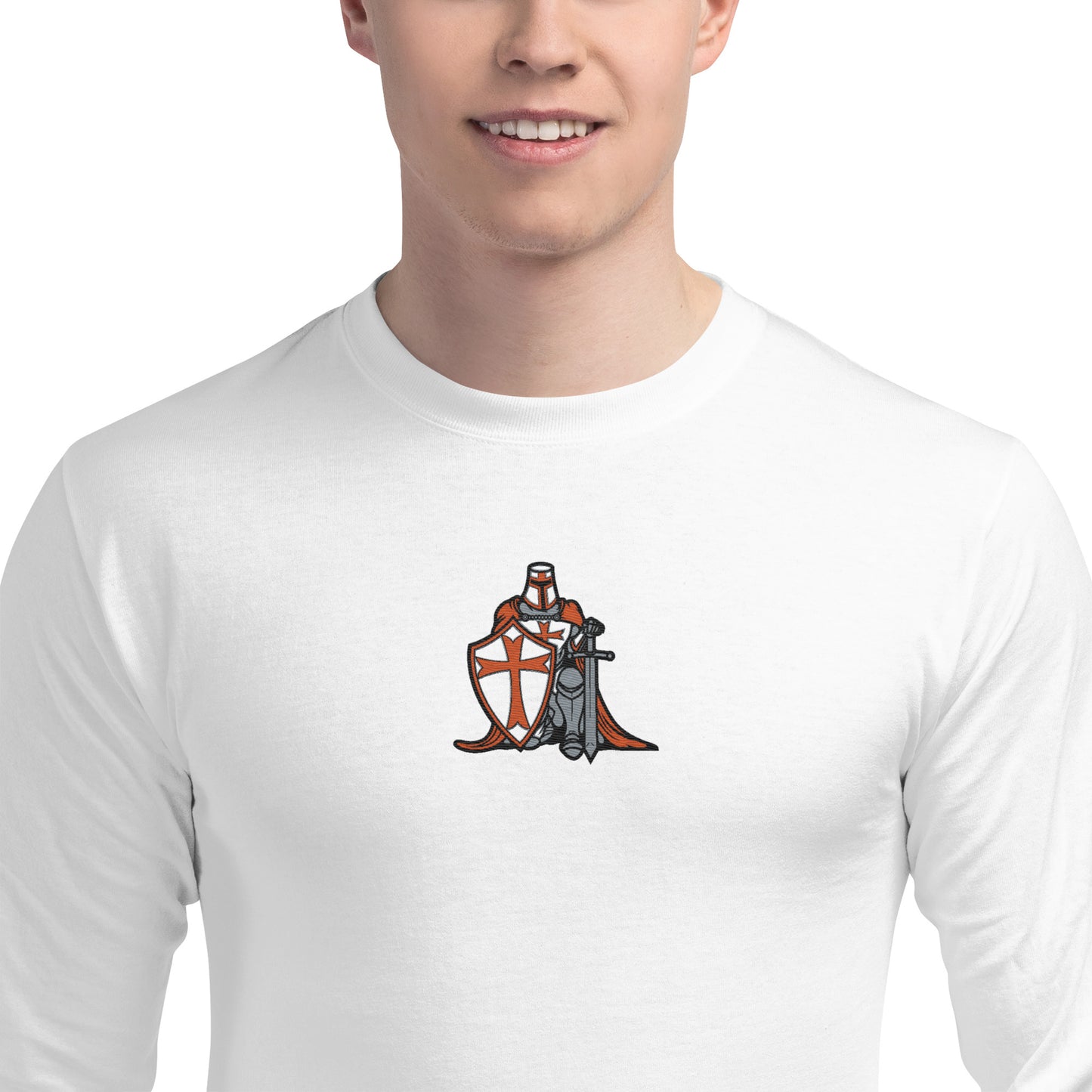 Men's Champion Long Sleeve Shirt Embroidery at the front and print at the back.